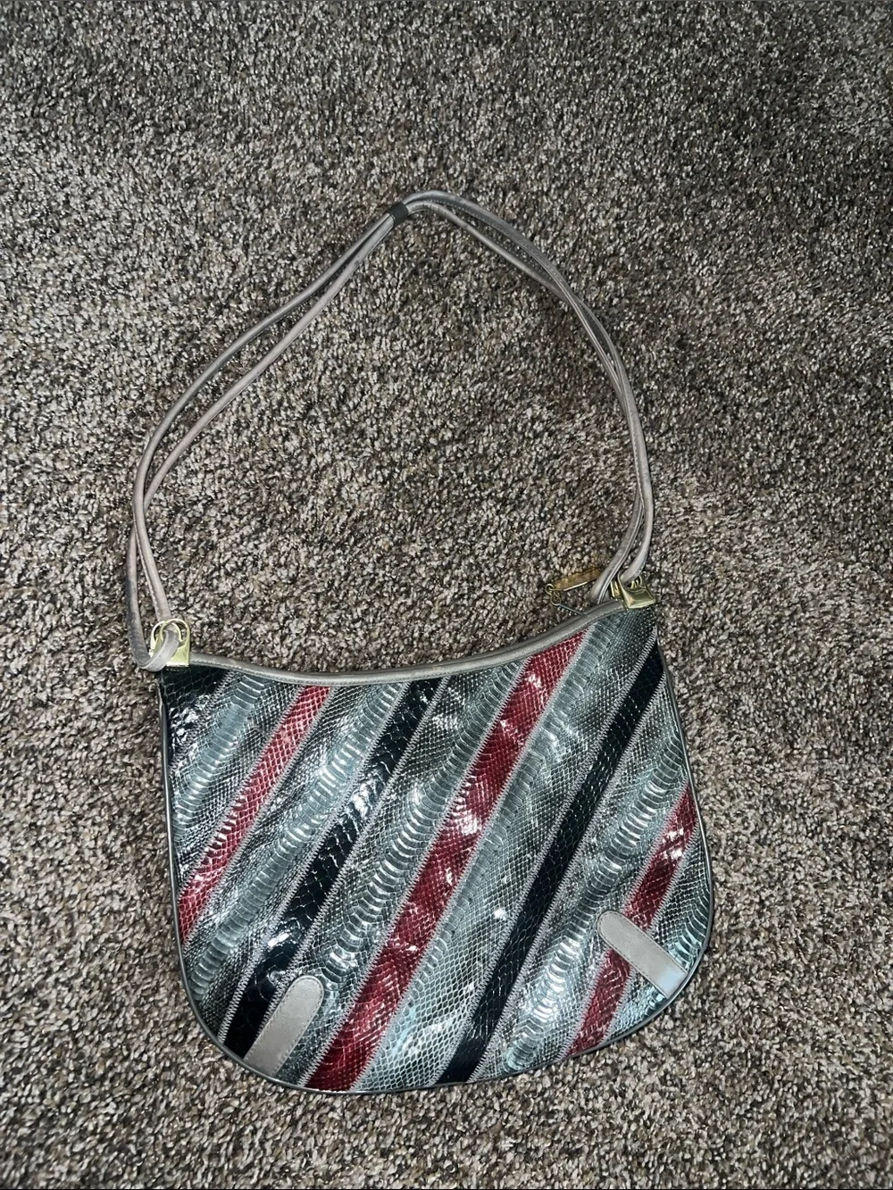 Women's snakeskin Diagonal Stripe Shoulder Bag in Silver, Black & Red